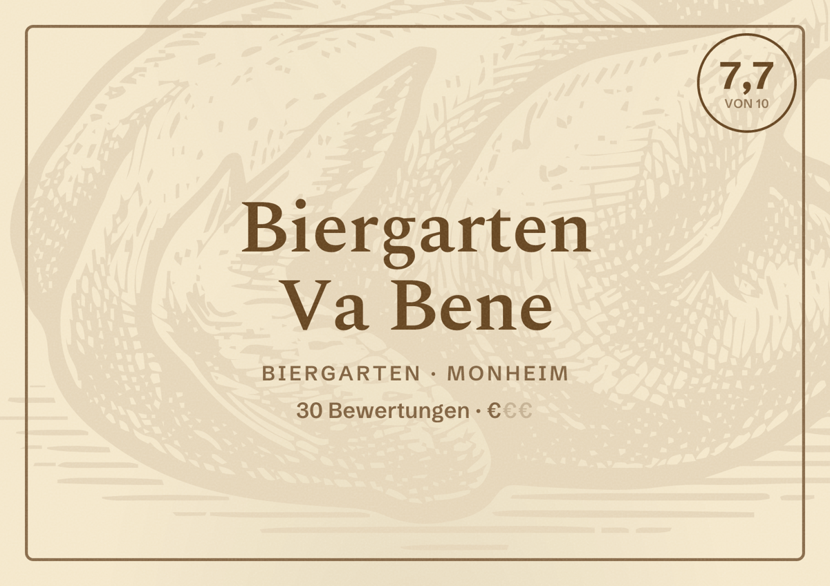 Illustriertes Poster von Biergarten Va Bene, Biergarten in Monheim: Bewertung 7,7 von 10 aus 30 Bewertungen, Preisniveau €