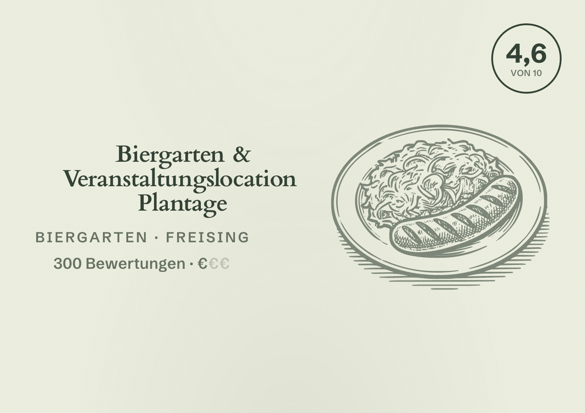 Illustriertes Poster von Biergarten & Veranstaltungslocation Plantage, Biergarten in Freising: Bewertung 4,6 von 10 aus 300 Bewertungen, Preisniveau €