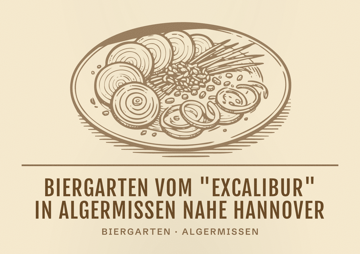 Illustriertes Poster von Biergarten vom "EXCALIBUR" in Algermissen nahe Hannover, Biergarten in Algermissen