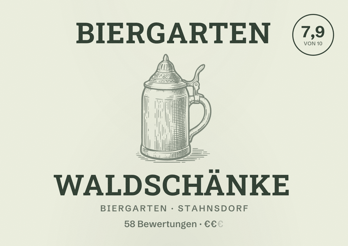 Illustriertes Poster von Biergarten Waldschänke, Biergarten in Stahnsdorf: Bewertung 7,9 von 10 aus 58 Bewertungen, Preisniveau €€