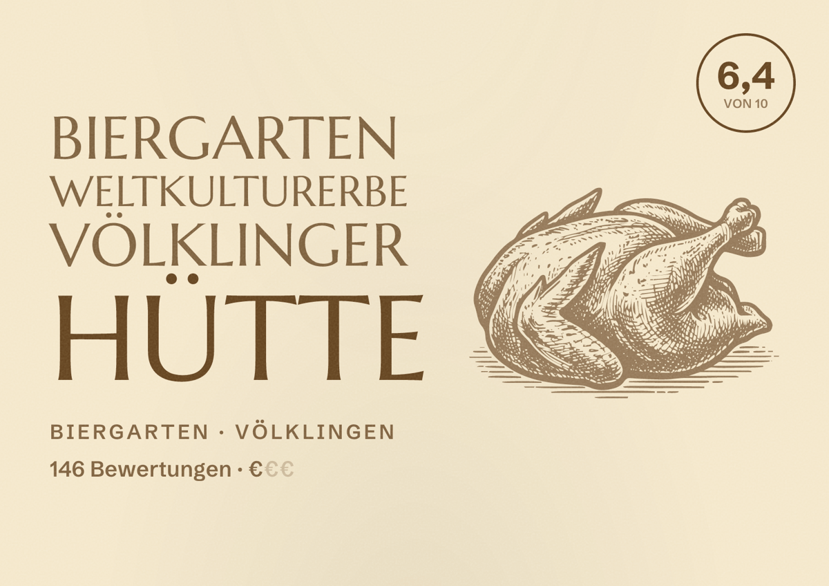 Illustriertes Poster von Biergarten Weltkulturerbe Völklinger Hütte, Biergarten in Völklingen: Bewertung 6,4 von 10 aus 146 Bewertungen, Preisniveau €