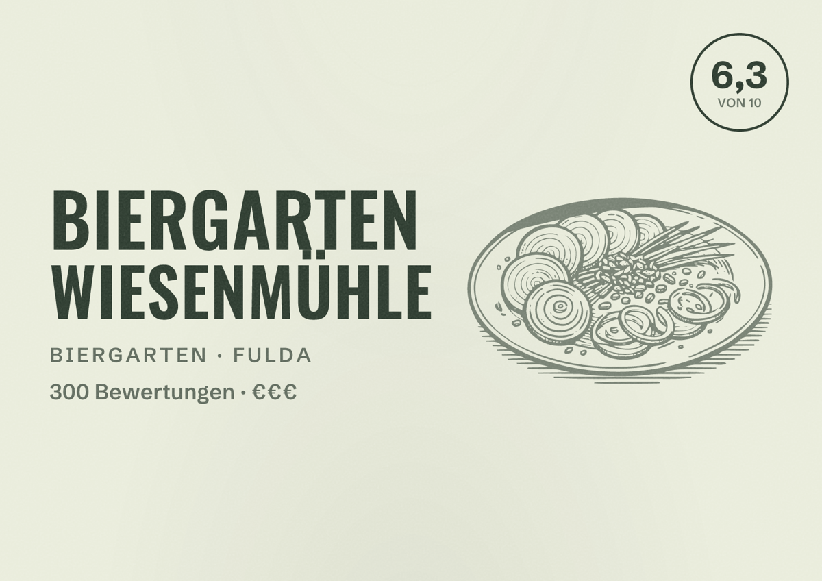 Illustriertes Poster von Biergarten Wiesenmühle, Biergarten in Fulda: Bewertung 6,3 von 10 aus 300 Bewertungen, Preisniveau €€€