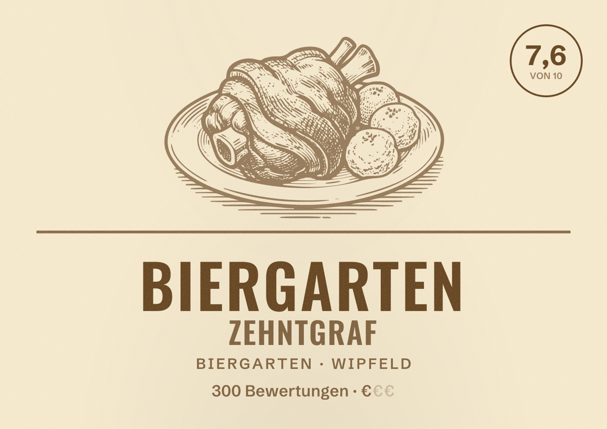 Illustriertes Poster von Biergarten ZehntGraf, Biergarten in Wipfeld: Bewertung 7,6 von 10 aus 300 Bewertungen, Preisniveau €