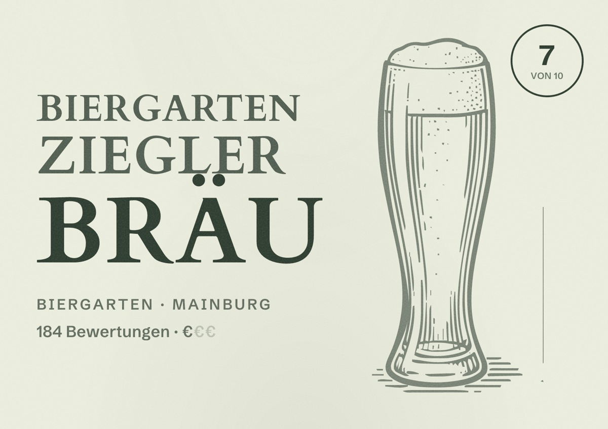 Illustriertes Poster von Biergarten Ziegler Bräu, Biergarten in Mainburg: Bewertung 7 von 10 aus 184 Bewertungen, Preisniveau €