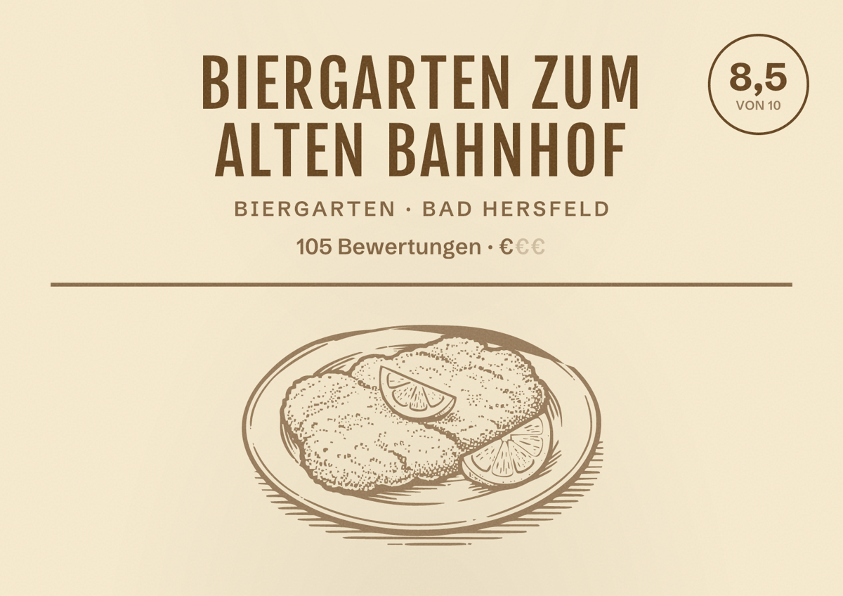 Illustriertes Poster von Biergarten zum alten Bahnhof, Biergarten in Bad Hersfeld: Bewertung 8,5 von 10 aus 105 Bewertungen, Preisniveau €