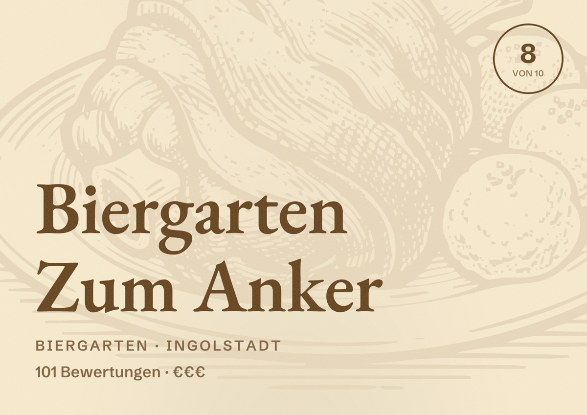 Illustriertes Poster von Biergarten Zum Anker, Biergarten in Ingolstadt: Bewertung 8 von 10 aus 101 Bewertungen, Preisniveau €€€