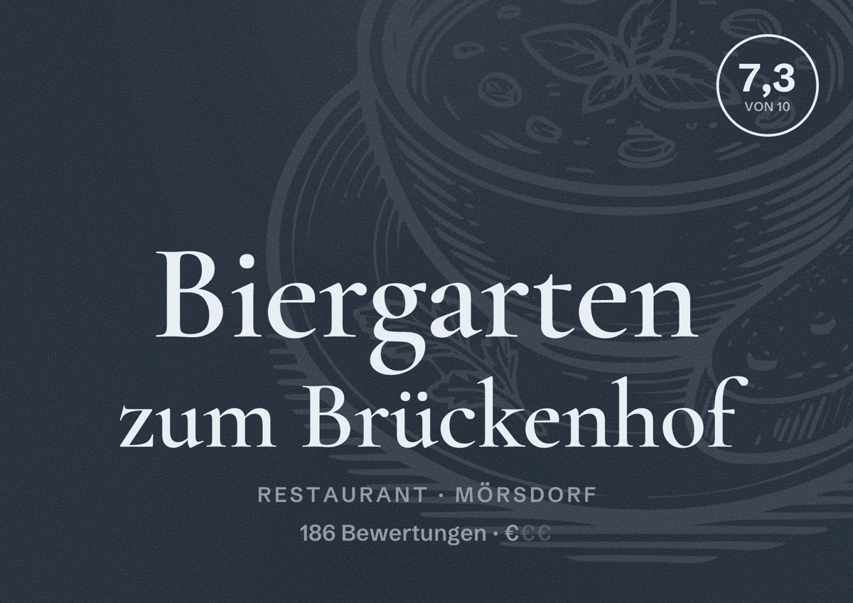 Illustriertes Poster von Biergarten zum Brückenhof, Restaurant in Mörsdorf: Bewertung 7,3 von 10 aus 186 Bewertungen, Preisniveau €