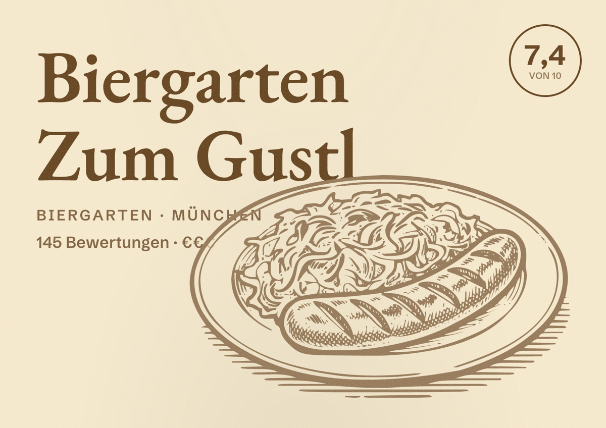 Illustriertes Poster von Biergarten Zum Gustl, Biergarten in München: Bewertung 7,4 von 10 aus 145 Bewertungen, Preisniveau €€