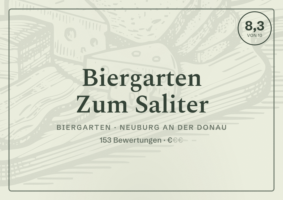 Illustriertes Poster von Biergarten Zum Saliter, Biergarten in Neuburg an der Donau: Bewertung 8,3 von 10 aus 153 Bewertungen, Preisniveau €