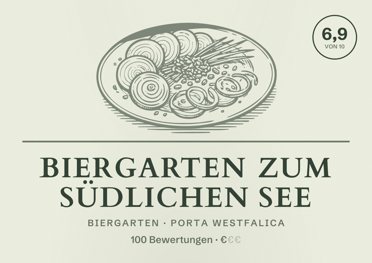 Illustriertes Poster von Biergarten Zum südlichen See, Biergarten in Porta Westfalica: Bewertung 6,9 von 10 aus 100 Bewertungen, Preisniveau €