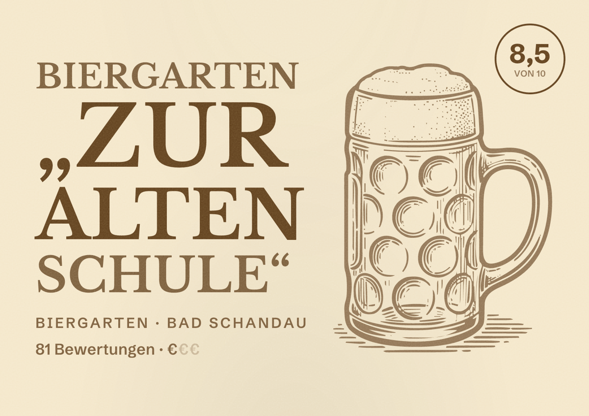 Illustriertes Poster von Biergarten „Zur Alten Schule“, Biergarten in Bad Schandau: Bewertung 8,5 von 10 aus 81 Bewertungen, Preisniveau €