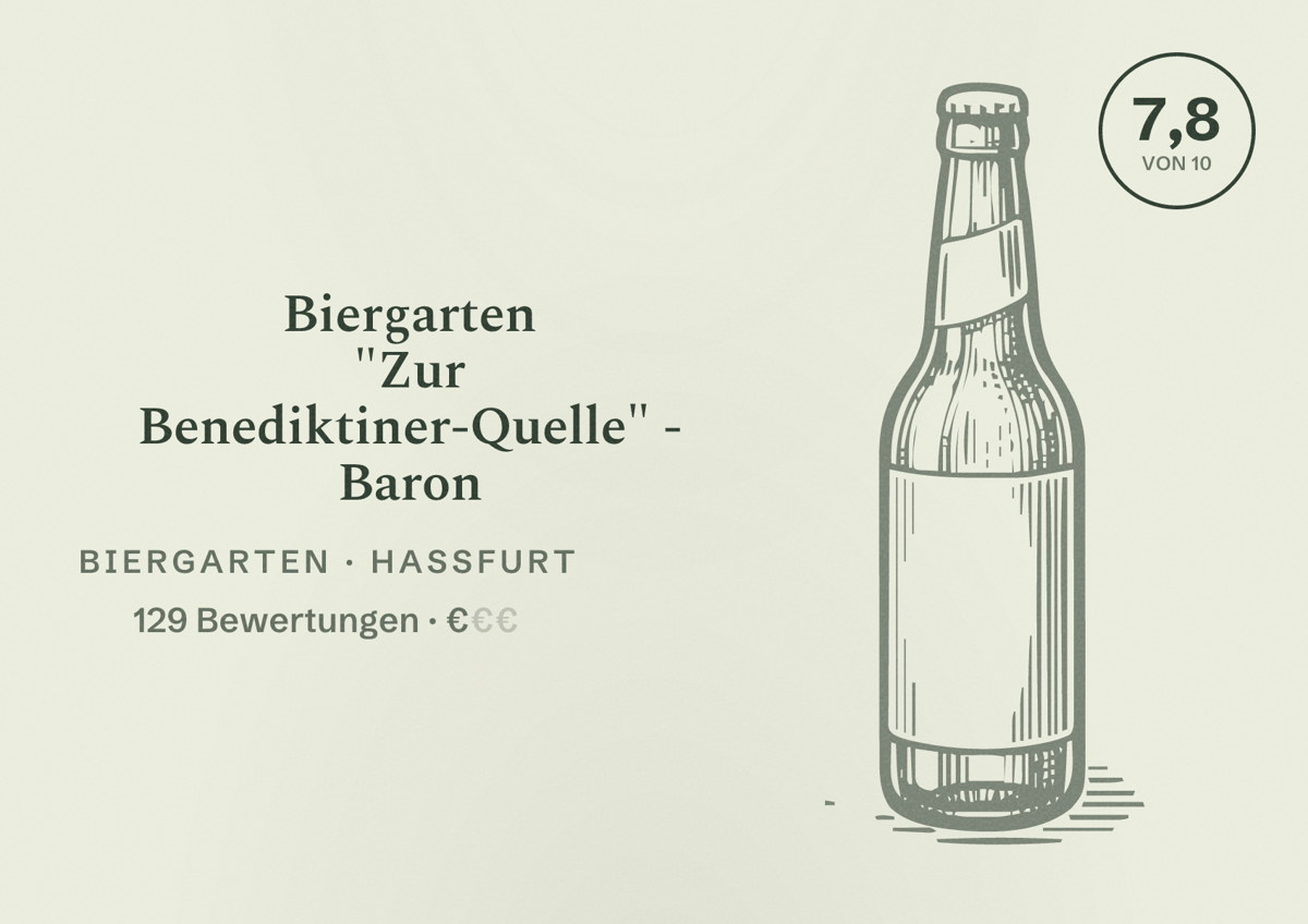 Illustriertes Poster von Biergarten "Zur Benediktiner-Quelle" - Baron, Biergarten in Haßfurt: Bewertung 7,8 von 10 aus 129 Bewertungen, Preisniveau €