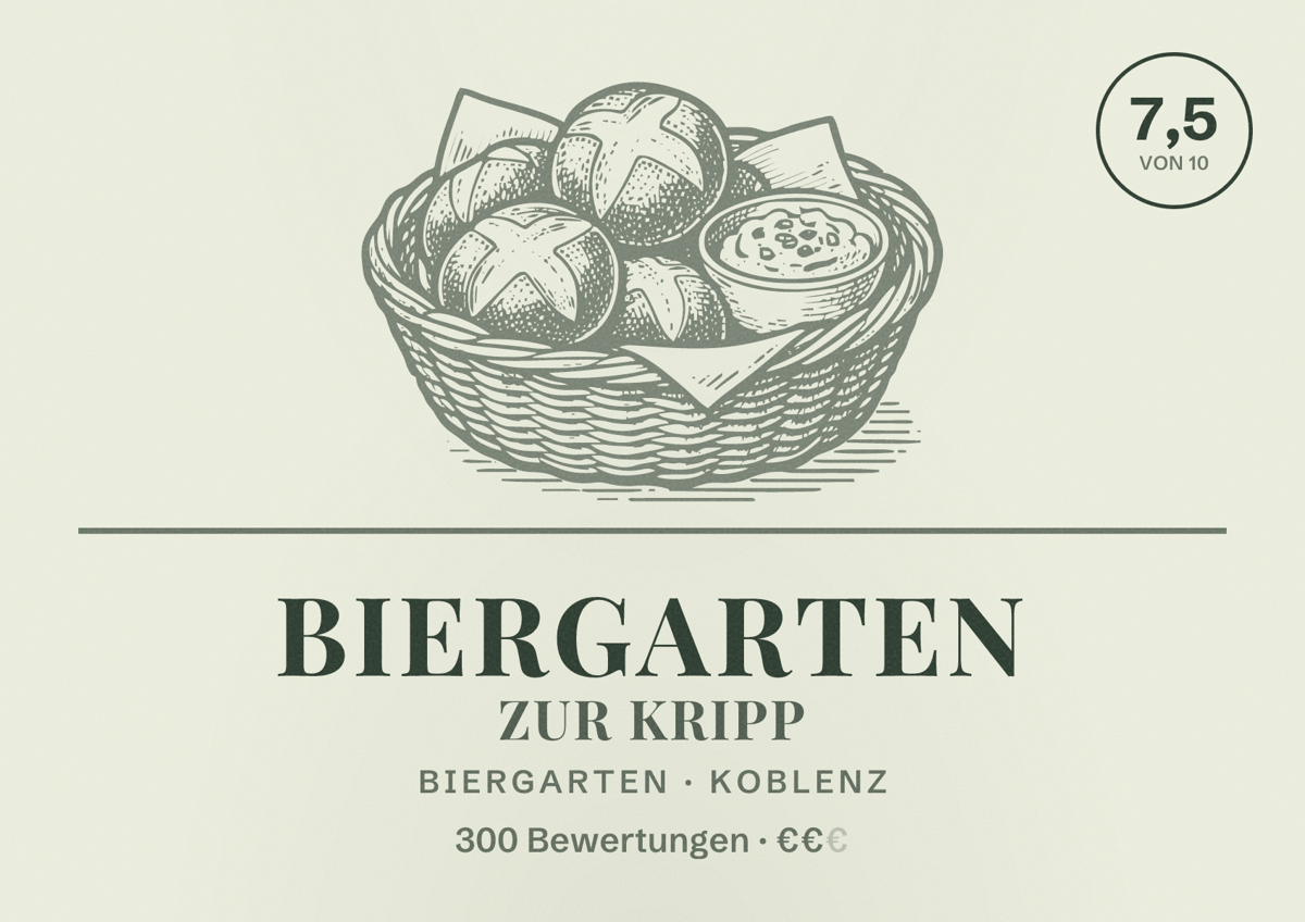 Illustriertes Poster von Biergarten Zur Kripp, Biergarten in Koblenz: Bewertung 7,5 von 10 aus 300 Bewertungen, Preisniveau €€