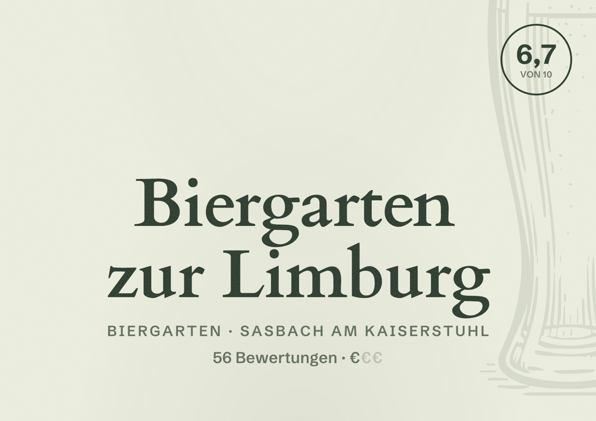 Illustriertes Poster von Biergarten zur Limburg, Biergarten in Sasbach am Kaiserstuhl: Bewertung 6,7 von 10 aus 56 Bewertungen, Preisniveau €