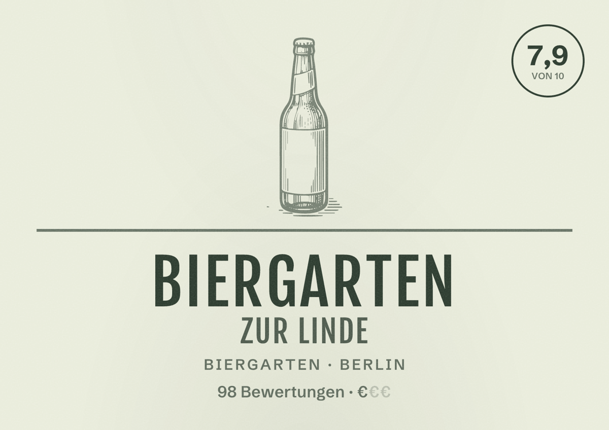 Illustriertes Poster von Biergarten zur Linde, Biergarten in Berlin: Bewertung 7,9 von 10 aus 98 Bewertungen, Preisniveau €