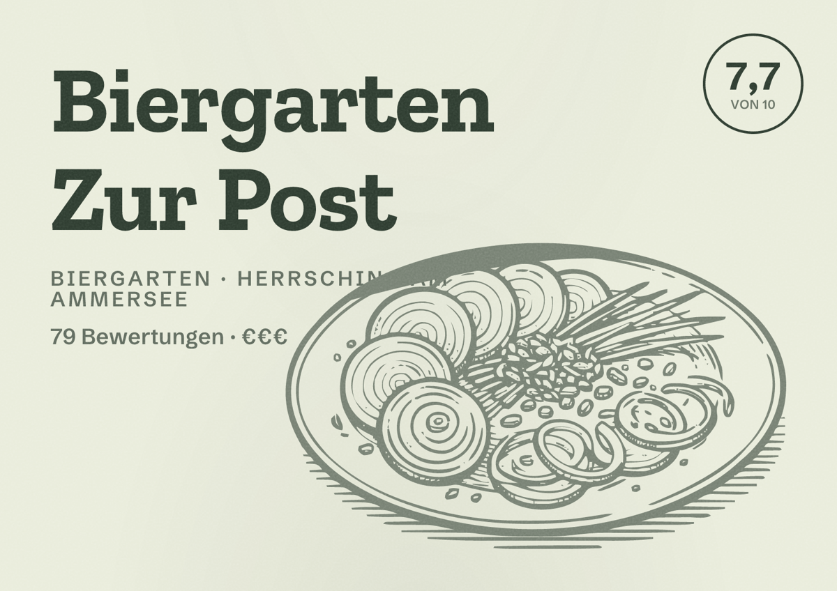 Illustriertes Poster von Biergarten Zur Post, Biergarten in Herrsching am Ammersee: Bewertung 7,7 von 10 aus 79 Bewertungen, Preisniveau €€€