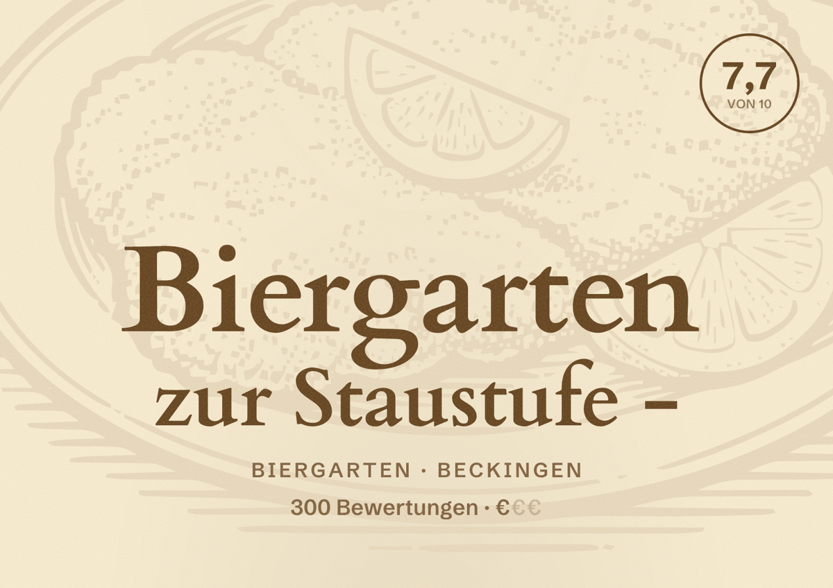 Illustriertes Poster von Biergarten zur Staustufe -, Biergarten in Beckingen: Bewertung 7,7 von 10 aus 300 Bewertungen, Preisniveau €