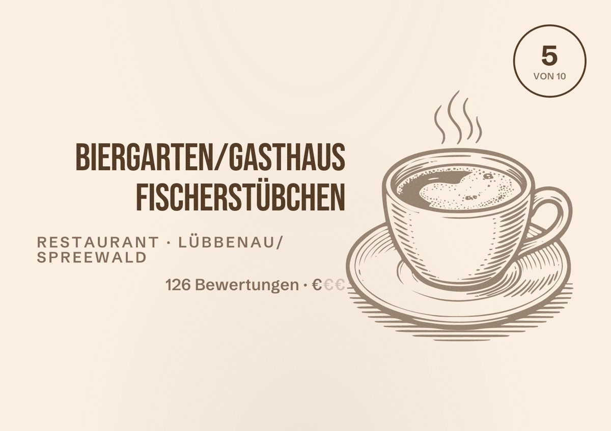 Illustriertes Poster von Biergarten/Gasthaus Fischerstübchen, Restaurant in Lübbenau/Spreewald: Bewertung 5 von 10 aus 126 Bewertungen, Preisniveau €