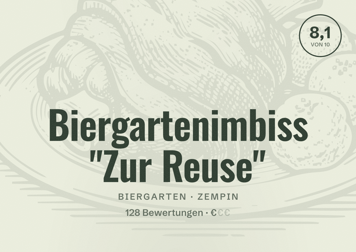 Illustriertes Poster von Biergartenimbiss "Zur Reuse", Biergarten in Zempin: Bewertung 8,1 von 10 aus 128 Bewertungen, Preisniveau €