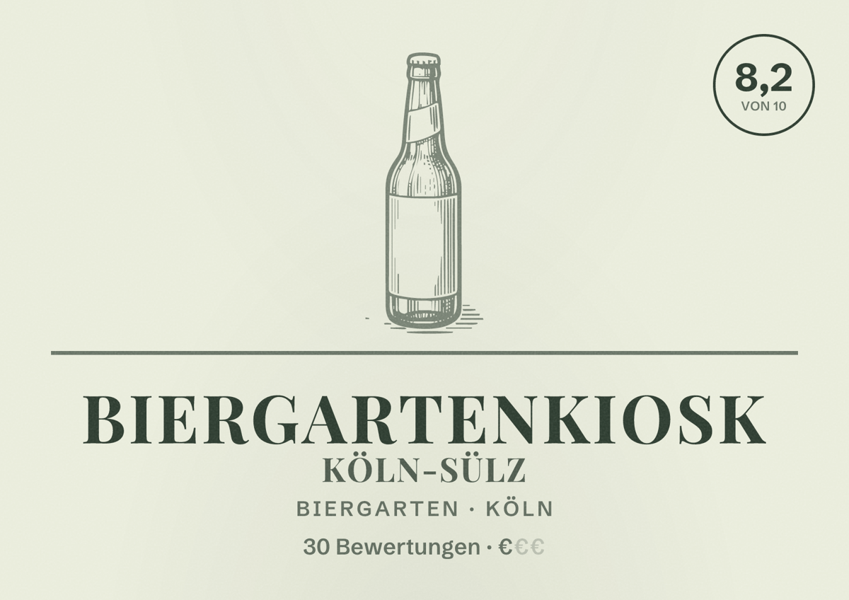 Illustriertes Poster von Biergartenkiosk Köln-Sülz, Biergarten in Köln: Bewertung 8,2 von 10 aus 30 Bewertungen, Preisniveau €