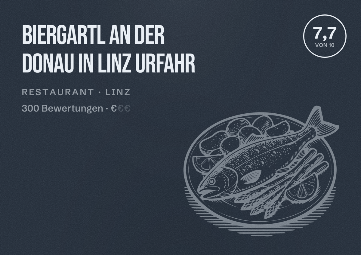Illustriertes Poster von Biergartl an der Donau in Linz Urfahr, Restaurant in Linz: Bewertung 7,7 von 10 aus 300 Bewertungen, Preisniveau €