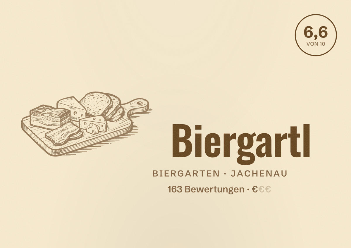 Illustriertes Poster von Biergartl, Biergarten in Jachenau: Bewertung 6,6 von 10 aus 163 Bewertungen, Preisniveau €