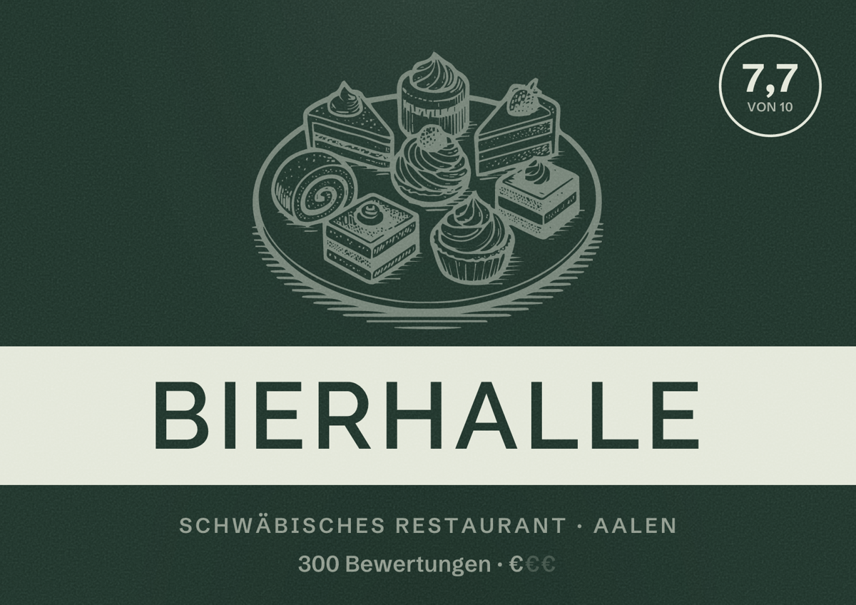 Illustriertes Poster von Bierhalle, Schwäbisches Restaurant in Aalen: Bewertung 7,7 von 10 aus 300 Bewertungen, Preisniveau €