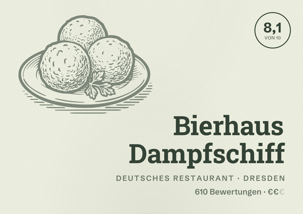 Illustriertes Poster von Bierhaus Dampfschiff, Deutsches Restaurant in Dresden: Bewertung 8,1 von 10 aus 610 Bewertungen, Preisniveau €€
