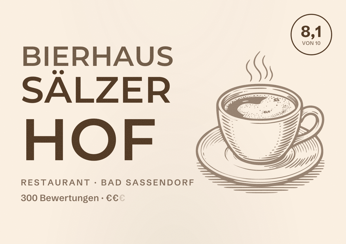 Illustriertes Poster von Bierhaus Sälzer Hof, Restaurant in Bad Sassendorf: Bewertung 8,1 von 10 aus 300 Bewertungen, Preisniveau €€