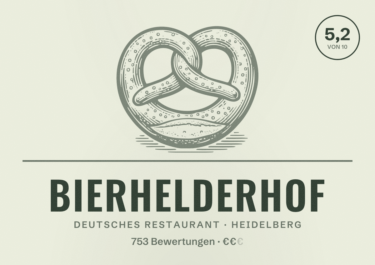 Illustriertes Poster von Bierhelderhof, Deutsches Restaurant in Heidelberg: Bewertung 5,2 von 10 aus 753 Bewertungen, Preisniveau €€
