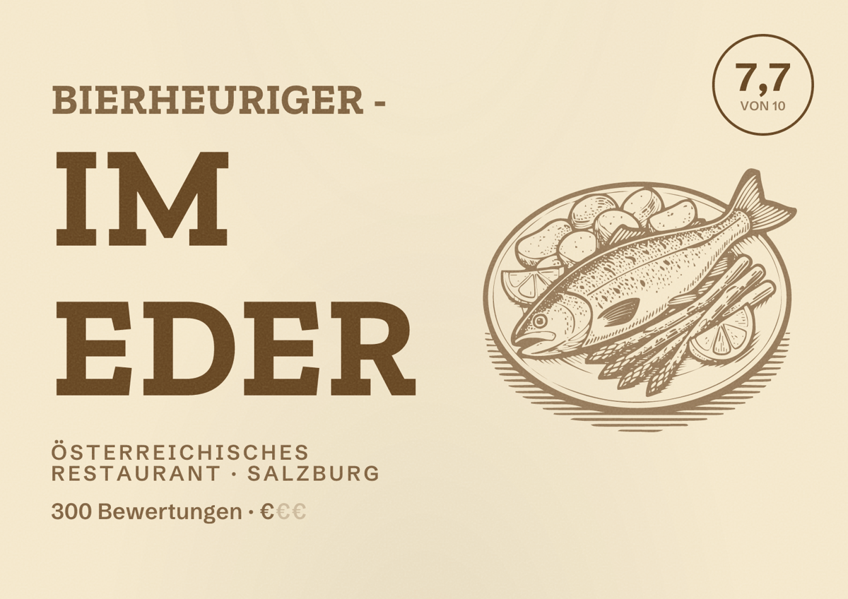 Illustriertes Poster von Bierheuriger - im Eder, Österreichisches Restaurant in Salzburg: Bewertung 7,7 von 10 aus 300 Bewertungen, Preisniveau €