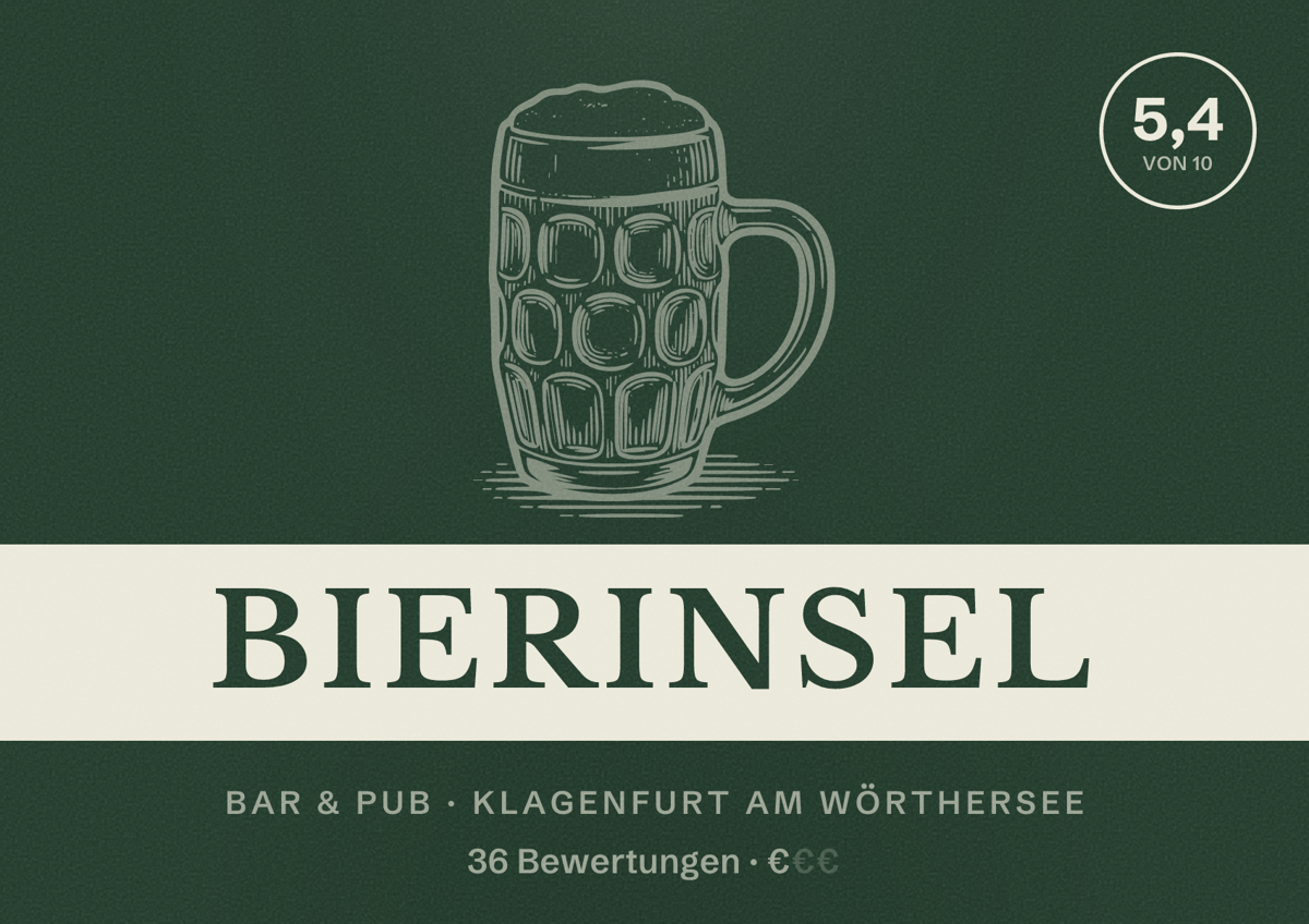Illustriertes Poster von Bierinsel, Bar & Pub in Klagenfurt am Wörthersee: Bewertung 5,4 von 10 aus 36 Bewertungen, Preisniveau €