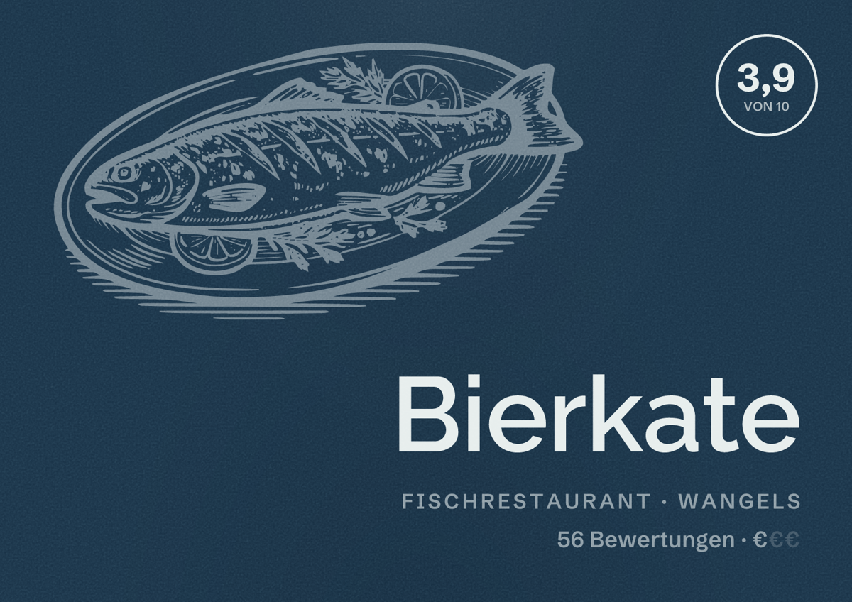 Illustriertes Poster von Bierkate, Fischrestaurant in Wangels: Bewertung 3,9 von 10 aus 56 Bewertungen, Preisniveau €