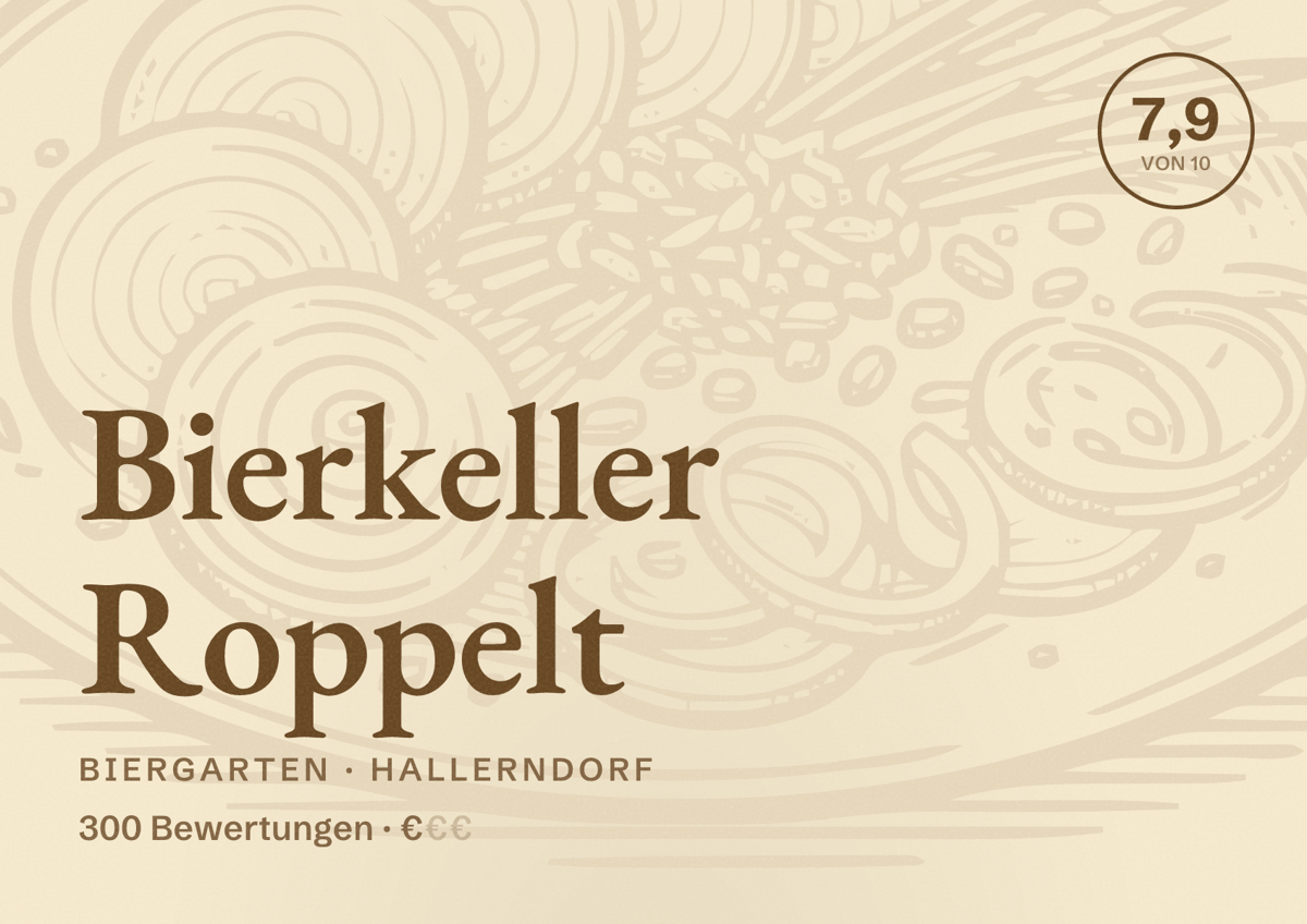 Illustriertes Poster von Bierkeller Roppelt, Biergarten in Hallerndorf: Bewertung 7,9 von 10 aus 300 Bewertungen, Preisniveau €