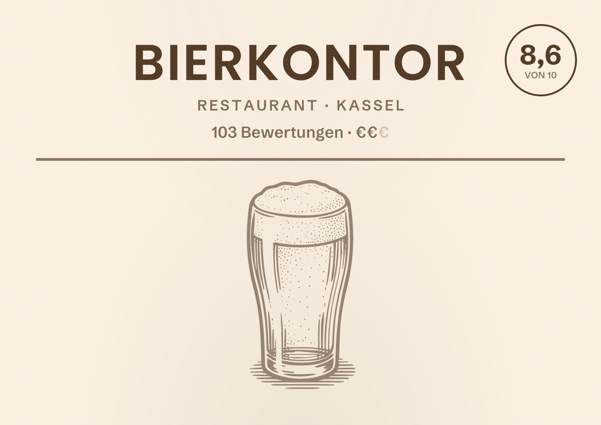 Illustriertes Poster von Bierkontor, Restaurant in Kassel: Bewertung 8,6 von 10 aus 103 Bewertungen, Preisniveau €€