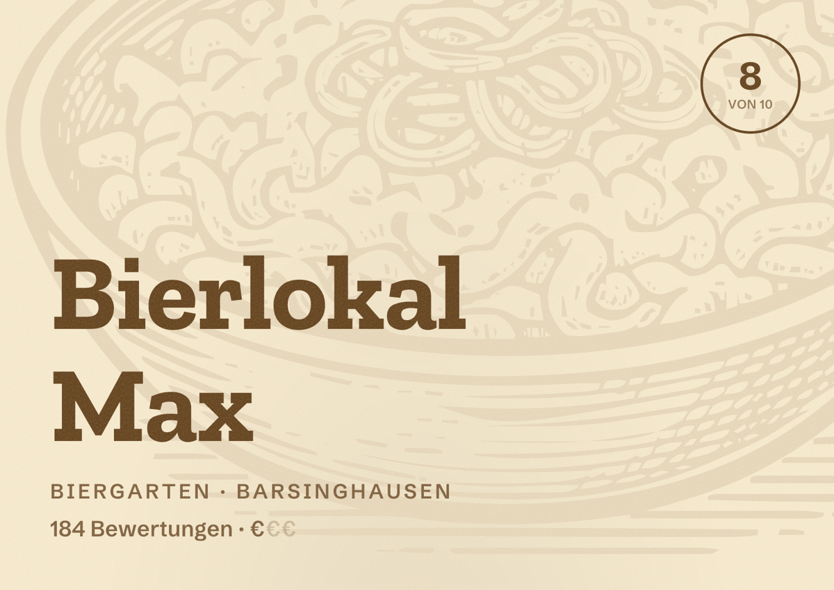 Illustriertes Poster von Bierlokal Max, Biergarten in Barsinghausen: Bewertung 8 von 10 aus 184 Bewertungen, Preisniveau €