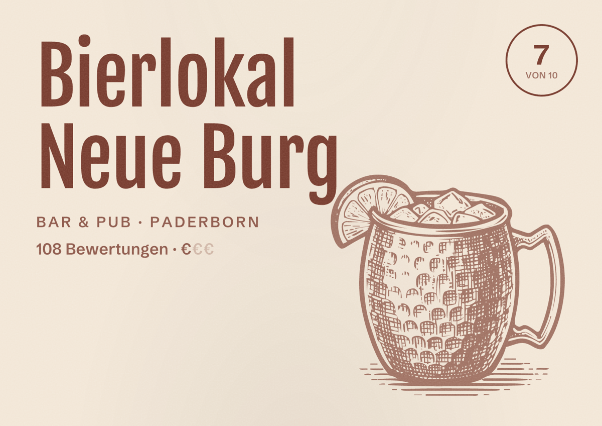 Illustriertes Poster von Bierlokal Neue Burg, Bar & Pub in Paderborn: Bewertung 7 von 10 aus 108 Bewertungen, Preisniveau €