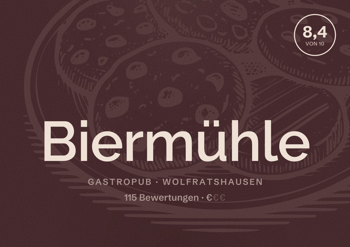 Illustriertes Poster von Biermühle, Gastropub in Wolfratshausen: Bewertung 8,4 von 10 aus 115 Bewertungen, Preisniveau €