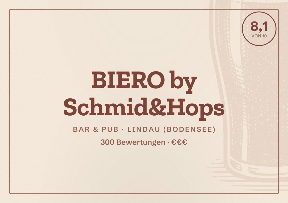 Illustriertes Poster von BIERO by Schmid&Hops, Bar & Pub in Lindau (Bodensee): Bewertung 8,1 von 10 aus 300 Bewertungen, Preisniveau €€€