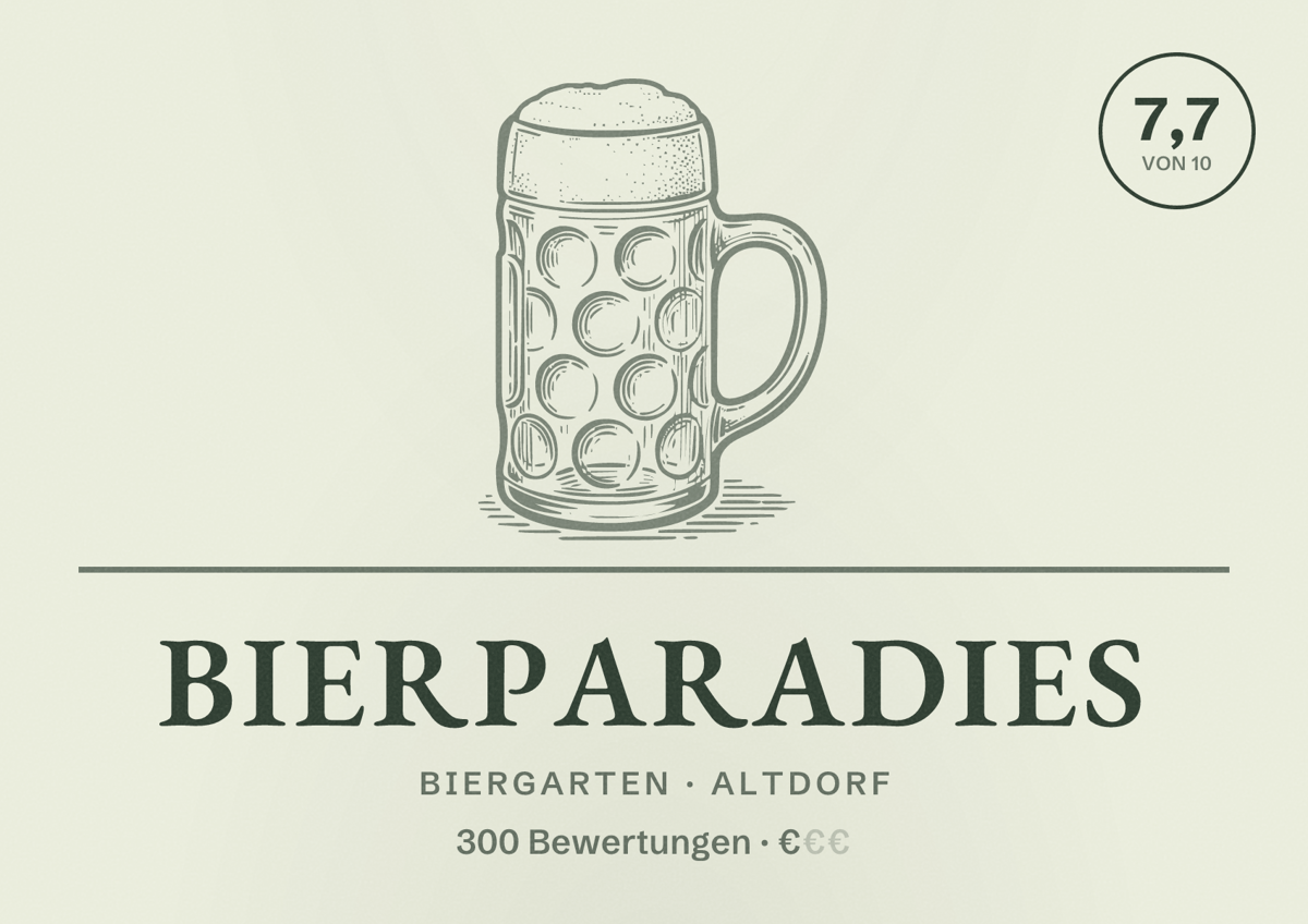 Illustriertes Poster von Bierparadies, Biergarten in Altdorf: Bewertung 7,7 von 10 aus 300 Bewertungen, Preisniveau €