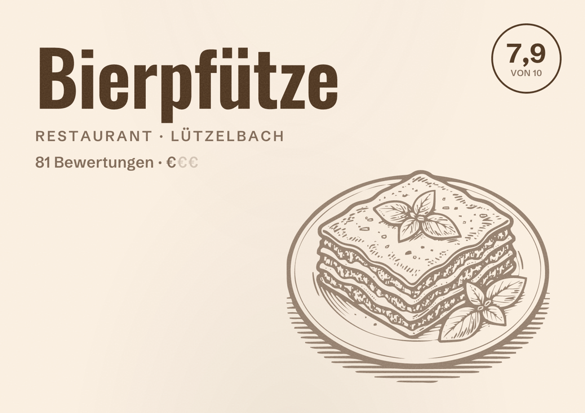 Illustriertes Poster von Bierpfütze, Restaurant in Lützelbach: Bewertung 7,9 von 10 aus 81 Bewertungen, Preisniveau €