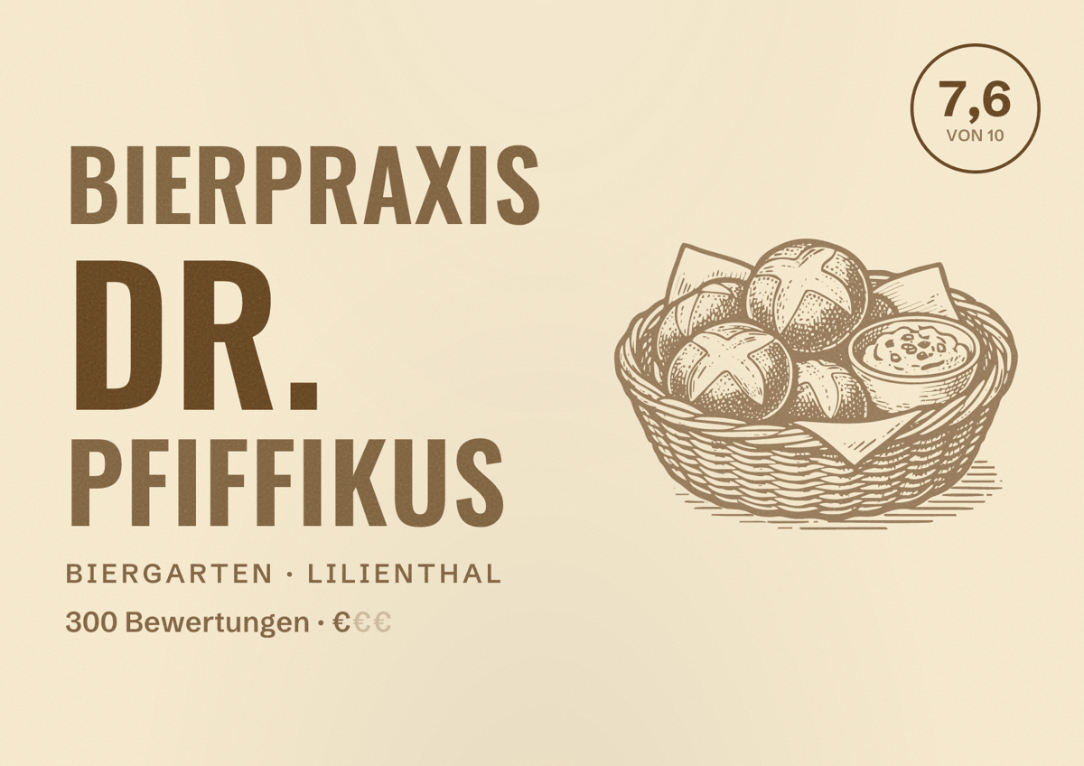 Illustriertes Poster von Bierpraxis Dr. Pfiffikus, Biergarten in Lilienthal: Bewertung 7,6 von 10 aus 300 Bewertungen, Preisniveau €
