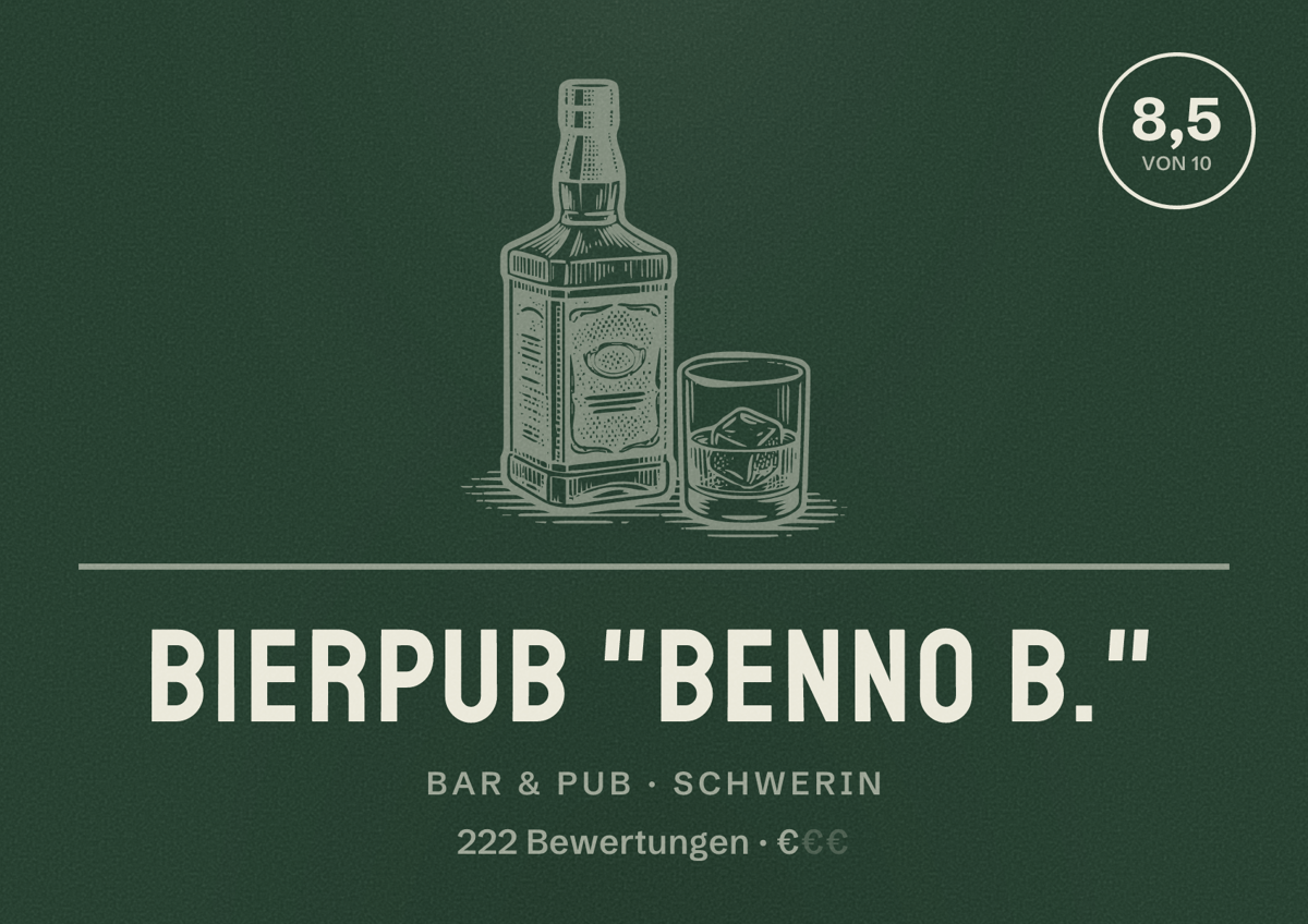 Illustriertes Poster von Bierpub "Benno B.", Bar & Pub in Schwerin: Bewertung 8,5 von 10 aus 222 Bewertungen, Preisniveau €