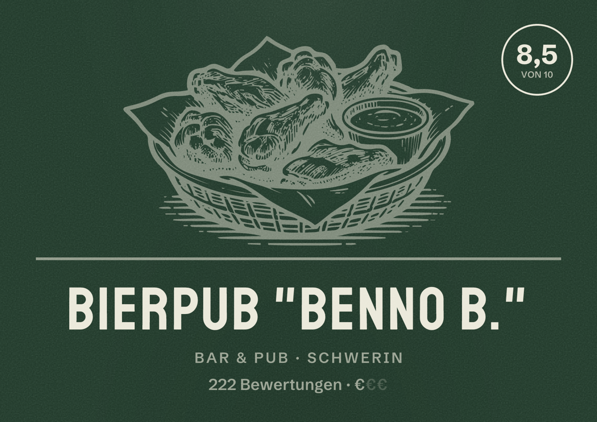 Illustriertes Poster von Bierpub "Benno B.", Bar & Pub in Schwerin: Bewertung 8,5 von 10 aus 222 Bewertungen, Preisniveau €