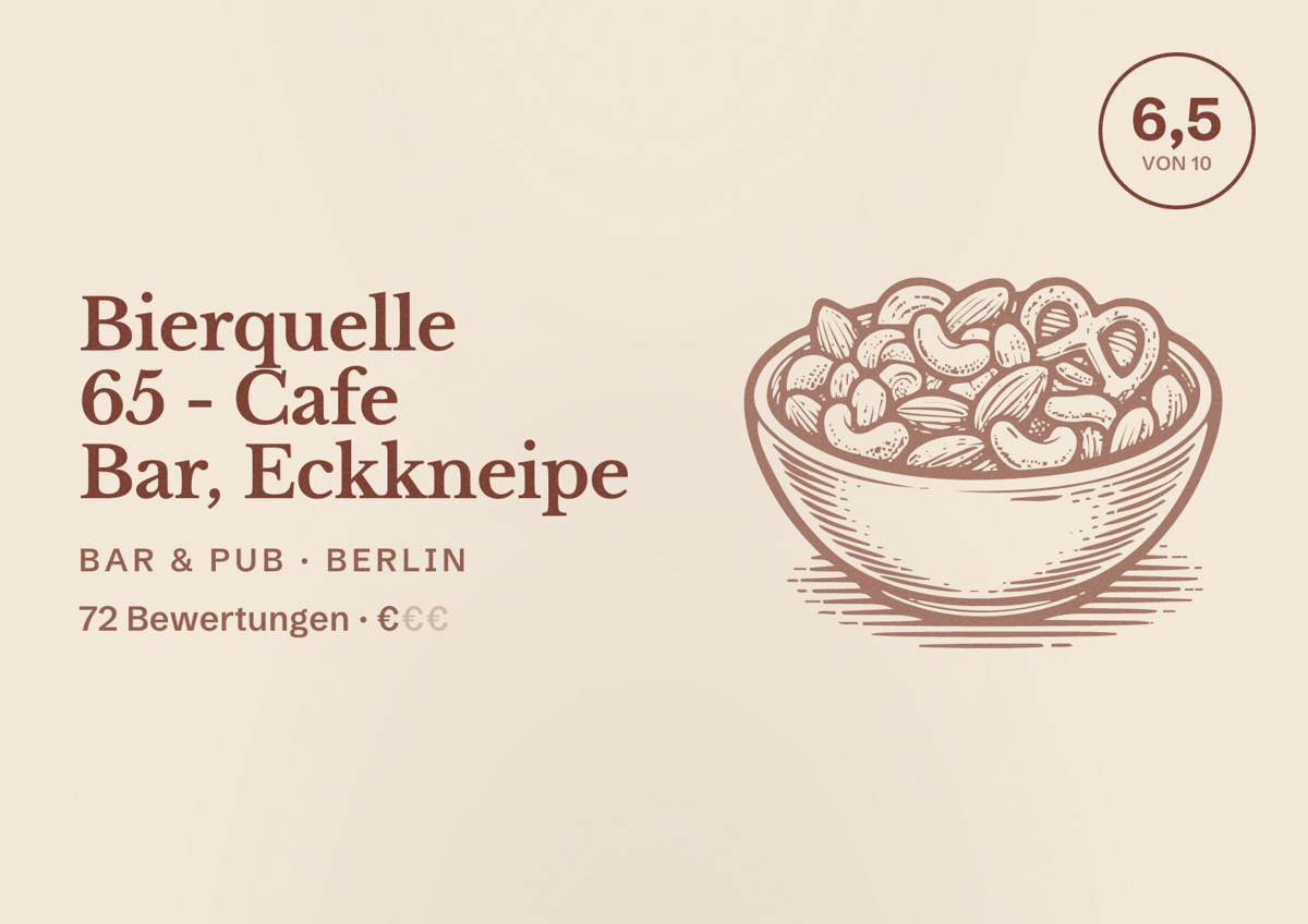 Illustriertes Poster von Bierquelle 65 - Cafe Bar, Eckkneipe, Bar & Pub in Berlin: Bewertung 6,5 von 10 aus 72 Bewertungen, Preisniveau €