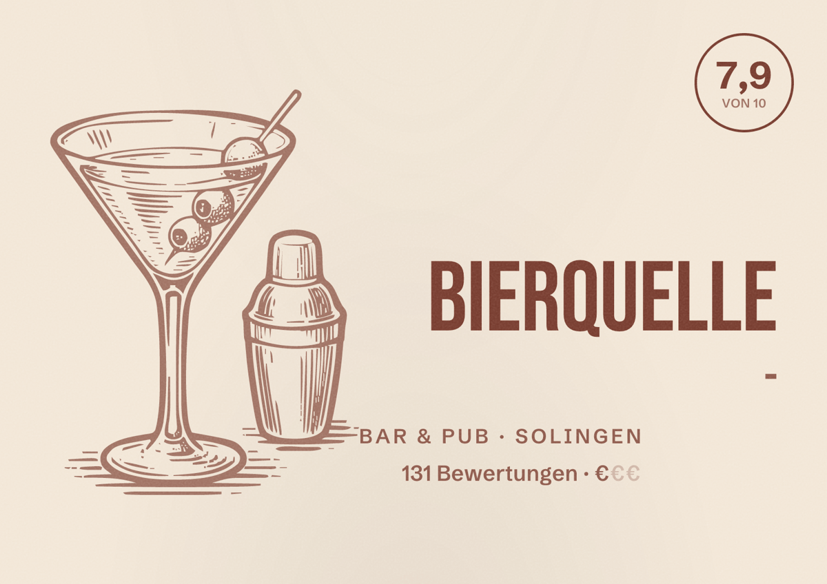Illustriertes Poster von Bierquelle -, Bar & Pub in Solingen: Bewertung 7,9 von 10 aus 131 Bewertungen, Preisniveau €