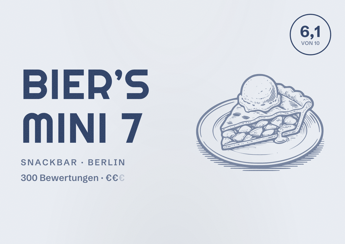 Illustriertes Poster von Bier’s Mini 7, Snackbar in Berlin: Bewertung 6,1 von 10 aus 300 Bewertungen, Preisniveau €€