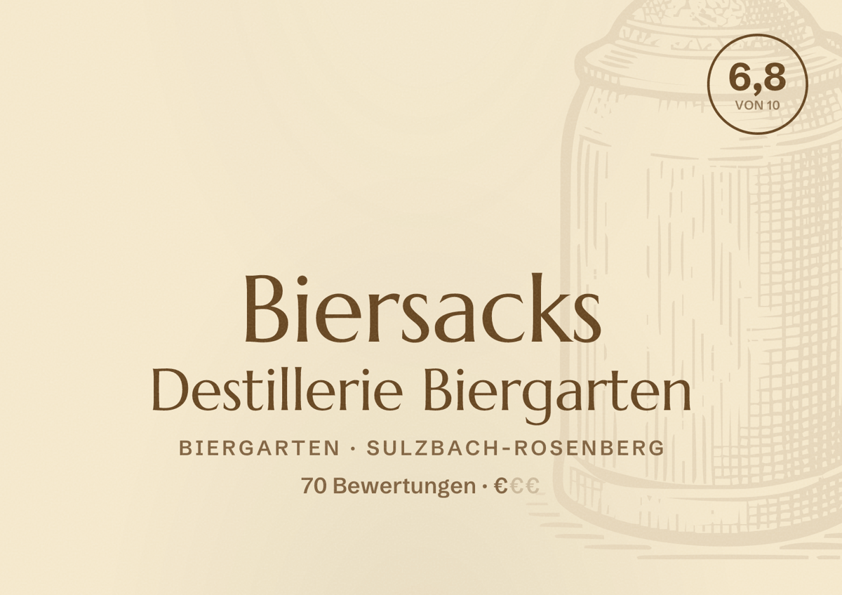 Illustriertes Poster von Biersacks Destillerie Biergarten, Biergarten in Sulzbach-Rosenberg: Bewertung 6,8 von 10 aus 70 Bewertungen, Preisniveau €