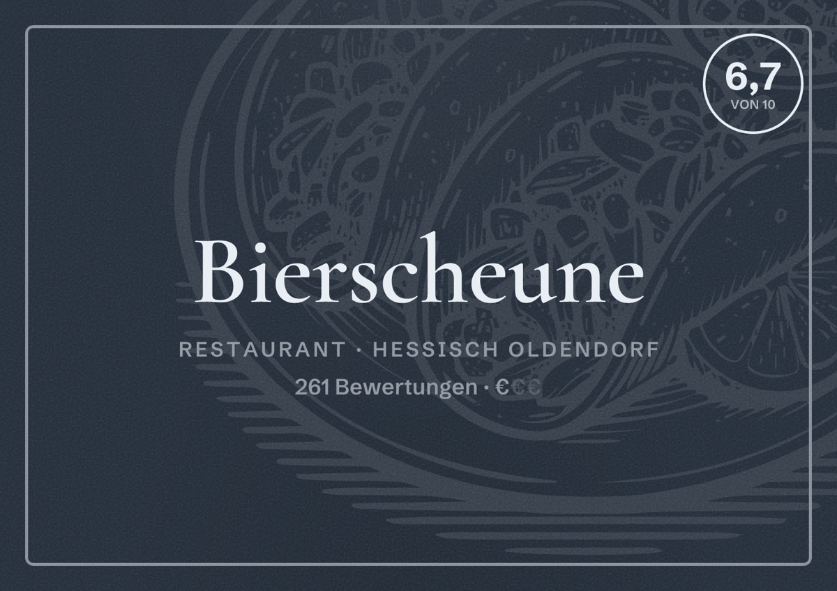 Illustriertes Poster von Bierscheune, Restaurant in Hessisch Oldendorf: Bewertung 6,7 von 10 aus 261 Bewertungen, Preisniveau €