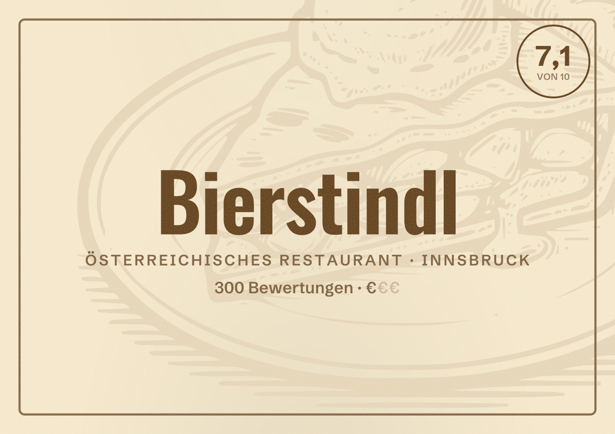 Illustriertes Poster von Bierstindl, Österreichisches Restaurant in Innsbruck: Bewertung 7,1 von 10 aus 300 Bewertungen, Preisniveau €